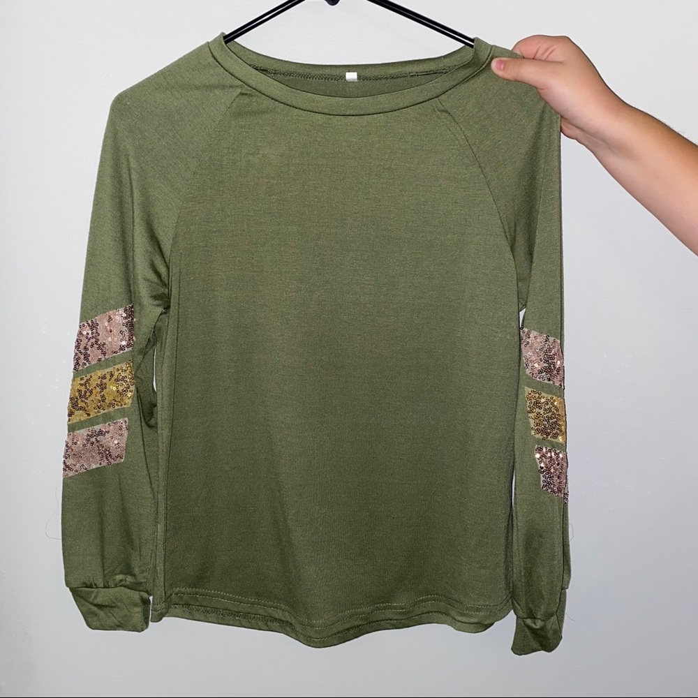women's army green long sleeve w/colored sequins.